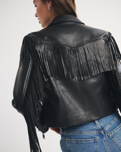Haut en cuir PU noir uni décontracté LEDUO avec franges et pompons en mousseline respirante pour femme - Collection Printemps - Product Image 3