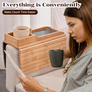 Bandeja de bambú para portavasos de sofá, mesa de brazo de sofá plegable y mesa auxiliar para sala de estar, accesorios de sofá, bandeja de consola de sofá - Product Image 4
