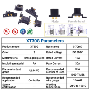 Connecteur à bride verrouillable Amass XT30G 15A, prise de panneau à 2 broches plaquée or pour avions modèles, OEM - Product Image 6