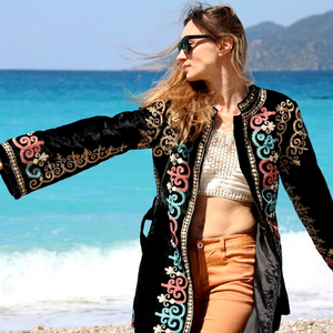 Vestido de terciopelo bohemio vintage con cuello mandarín, bordado a mano Aari, talla grande, de la mejor calidad, con encaje y borlas, para adultos. - Product Image 1
