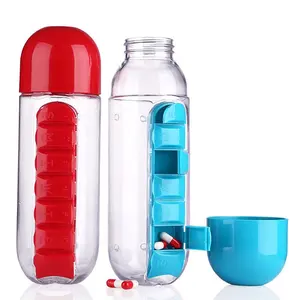 Tablet kutusu ile çok fonksiyonlu yaratıcı plastik su şişesi günlük ilaç hap kutusu ile açık seyahat taşınabilir su şişeleri