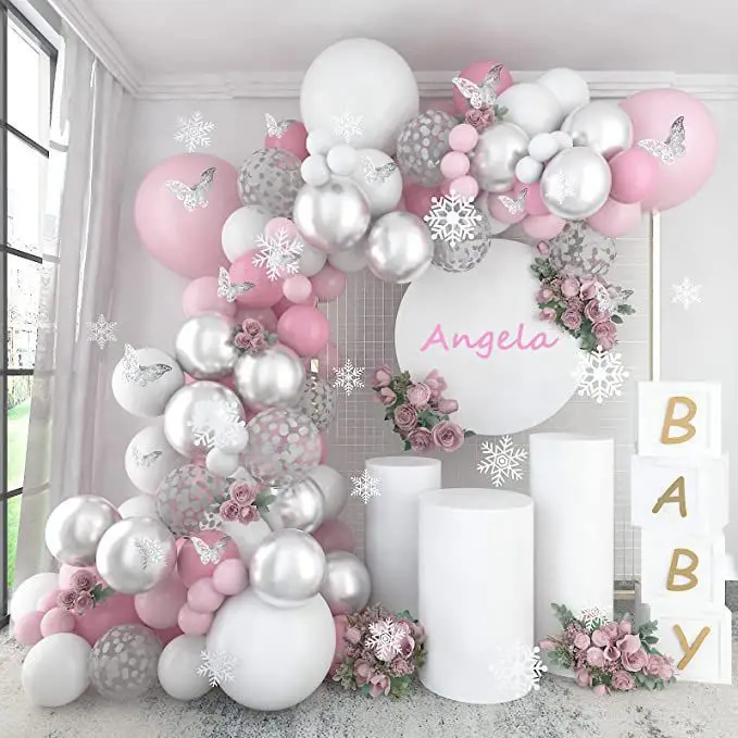 Pink Metallic Silver Balloons Set Party Decoration White Balloon Butterfly Sticker Sequin Balloon Bridal Shower Birthday Party