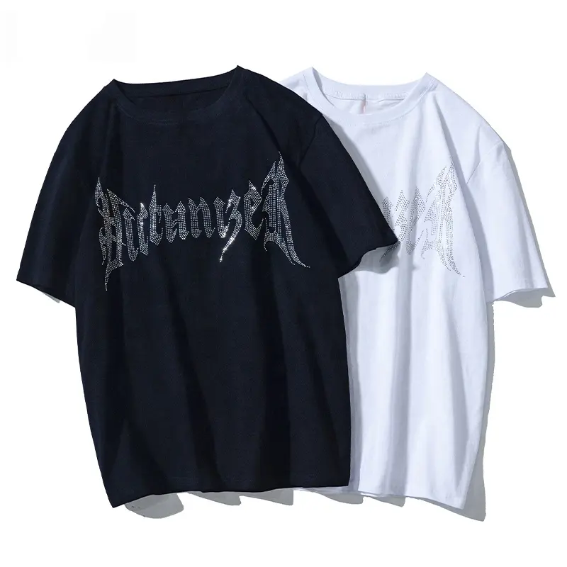Custom black t shirts unisex rhinestone logo t shirts unisex 100% cotton