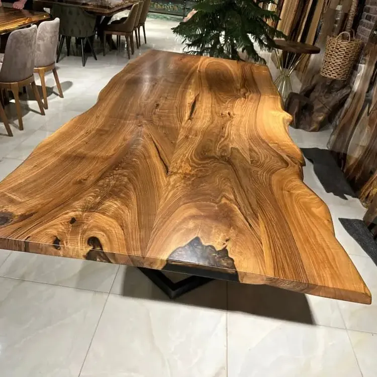 Muebles de borde vivo natural, mesa de losa de árbol grande, mesa de comedor de madera de nogal y roble