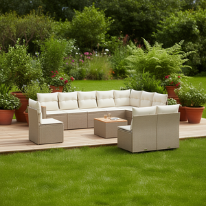 Beige Pe <b>Rattan</b> Garden <b>Sofa</b> Set Powder Coated Steel Frame Acacia Wood Outdoor Furniture Contemporary Design 6 Seater - Product Image 2