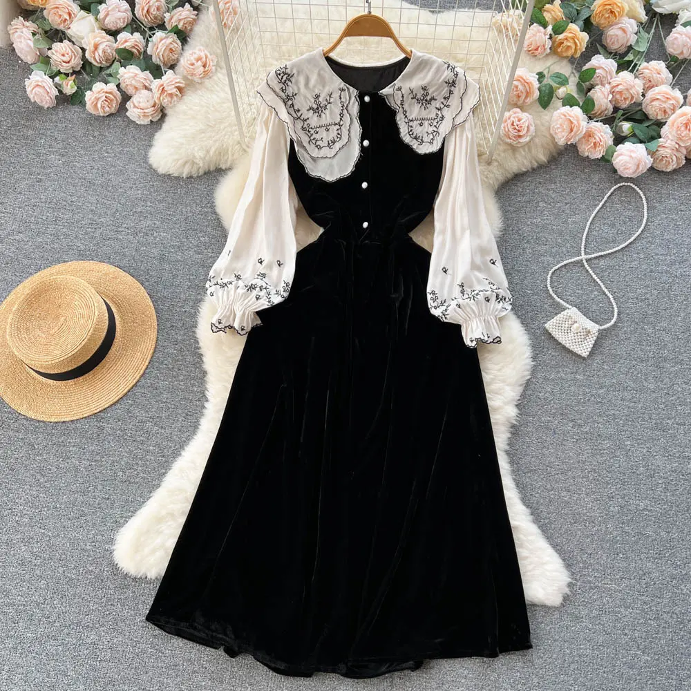 Custom Korean version French embroidery doll big lapel color contrast two waist velvet dress white sleeve black dress