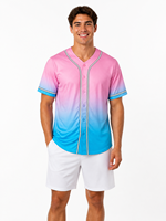 Pabrik OEM ODM Kustom Jersey Baseball Pria Warna Gradasi Pink Biru Kerah V Kancing Depan untuk Baseball