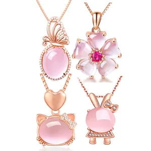 Wholesale Woman quart animal butterfly pendant necklace jewelry gold natural crystal pink gemstone rose quartz necklace