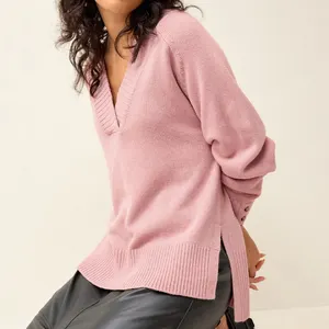 Classic Design V Neck Long Sleeve Solid Color Thin Spring Knit Sweater Women Pullover Sweater