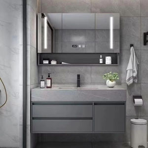 Mueble de Baño Moderno de Lujo en Negro y Gris con Luz LED, Acabado Lacado, Espejo Inteligente, Lavabo de Cerámica, Montado en la Pared - Product Image 1