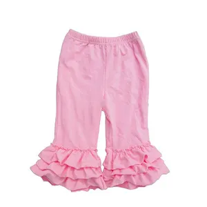 女孩荷叶边粉色纯色针织棉裹腿婴儿缝时髦打底裤新款设计儿童穿三重荷叶边裤