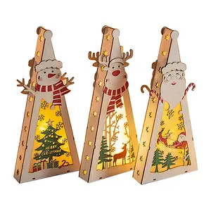 Estrella redonda forma navideña elegante decoración navideña luces LED regalos de madera para niños decoración del hogar luces LED con batería
