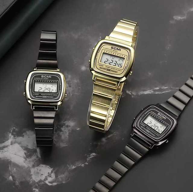 Scmi 366 Popular Stainless Steel Digital Watches for Women Alarm Slim Gold-plated Waterproof Sport Watches for Small Wrists