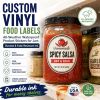 Étiquettes alimentaires personnalisées en vinyle YSB |   Autocollants pour bocaux résistants aux intempéries et imperméables |   Encre durable et résistante à la décoloration