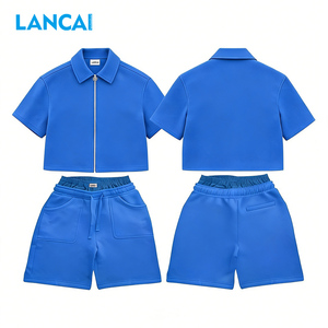 Lancai Manufacturer Custom Short Sleeve Zip Cotton Shirt <b>Men</b> Blank Cotton <b>Jacket</b> Elastic Waist Acid Wash Shorts 2 <b>Summer</b> Hip Hop - Product Image 1