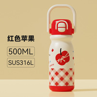 Thermos en acier inoxydable de haute qualité avec poignée, paille et double pipette à boire, design de dessin animé pour l'école des enfants
