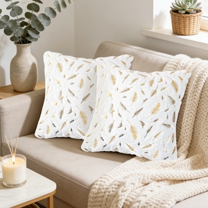 2 Pezzi Federe Decorative con <span class=keywords><strong>Piume</strong></span> Stampate in Oro su Sfondo Beige 43*43cm, Copricuscini in Peluche Corto per Divano e Casa - Product Image 4
