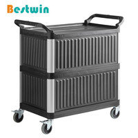 Chariot de service en plastique noir pour restaurant, hôtel, service en chambre, chariot utilitaire fermé avec porte coulissante pliable