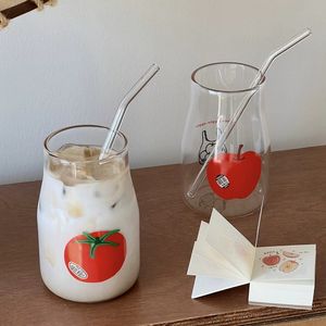 Tasse à café créative en verre borosilicate résistant à la chaleur, motif <span class=keywords><strong>tomate</strong></span> de dessin animé, avec paille - Product Image 2