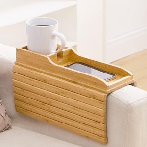 New Arrival Custom Eco-friendly Single Tier Foldable Carved Bamboo <b>Sofa</b> <b>Arm</b> <b>Tray</b> Cup Holder Coaster Modern for Living Room - Product Image 1