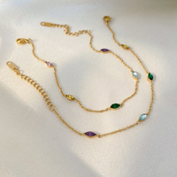 Parure de bijoux fantaisie en acier inoxydable plaqué or avec zircon œil de cheval coloré en acier titane, comprenant collier, bracelet et chaîne de cheville