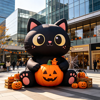 Décoration gonflable d'Halloween personnalisée : Chat noir tenant un fantôme citrouille en tissu Oxford pour fêtes, événements, jardins et cours