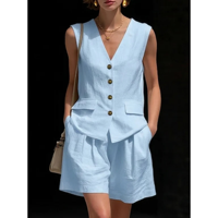 Ensemble décontracté 2 pièces pour femme : Gilet sans manches à col en V et boutonnage simple avec short large à poches