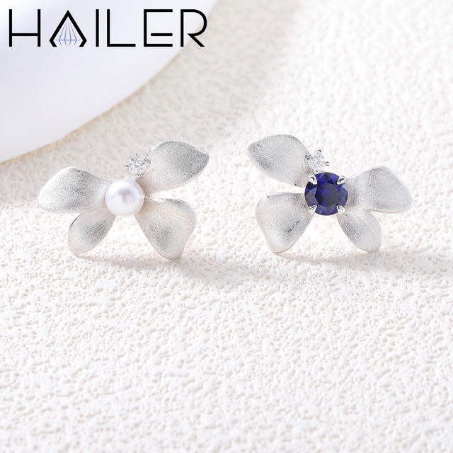 925 Sterling Silver Asymmetrical Butterfly Stud Earrings Lab Grown Blue Sapphire Pearl Earrings for Women Fashion Jewelry