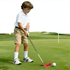 Juego <span class=keywords><strong>de</strong></span> palos <span class=keywords><strong>de</strong></span> golf para niños avanzados, personalizable <span class=keywords><strong>de</strong></span> fábrica, con cabezal <span class=keywords><strong>de</strong></span> plástico portátil y goma forjada, para diestros, que incluye putter para mejorar la destreza. - Product Image 4