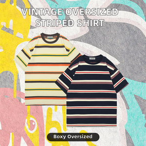 Camiseta de Algodón Grueso con Estampado Personalizado, Tejido Liso Teñido, Corte Holgado, Hombros Caídos, Estilo Vintage Urbano a Rayas - Product Image 2