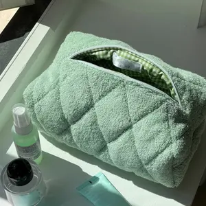 Custom Size Logo Quilted Towel Terry Zipper Cosmetic Makeup Make Up Toiletry Skincare Bag With Green Gingham Fabric Inside