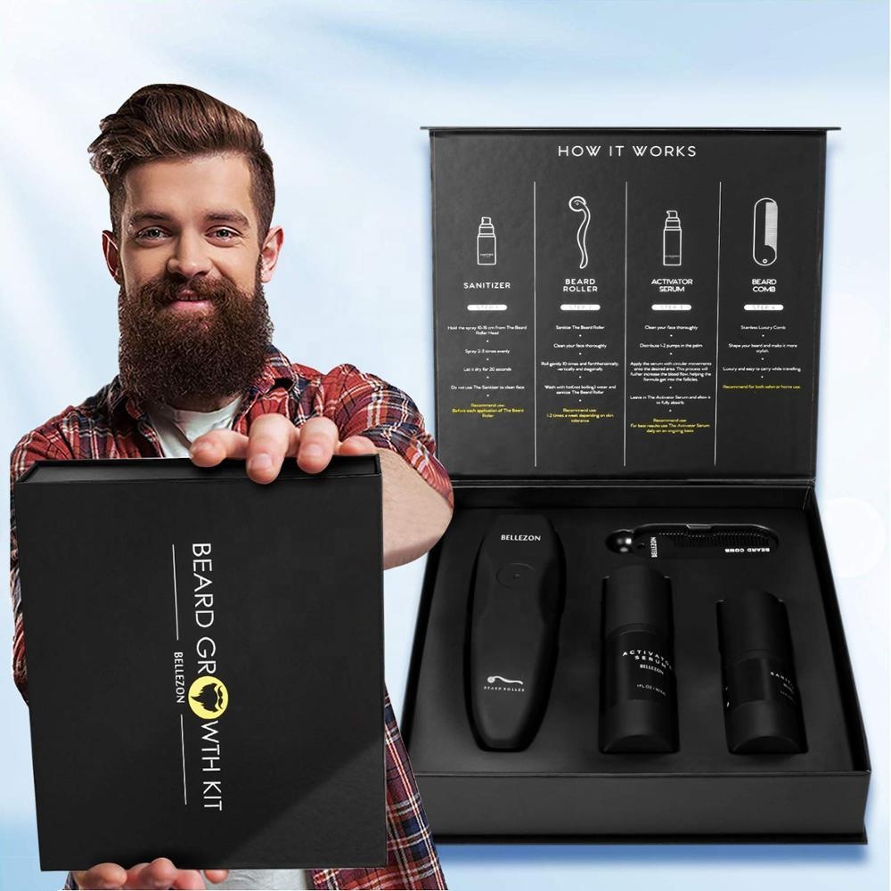 Bellezon Private Label 4Pcs Beard Care Growth Kit Líquido De Crescimento De Cabelo Facial E Rolo Para Homens