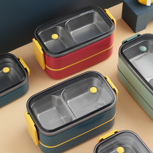 Contenedor de almacenamiento de alimentos de 2 compartimentos, caja Bento portátil de acero inoxidable, PP, fiambrera térmica aislada en capas para niños a prueba de fugas - Product Image 5
