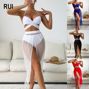 RUIQUWIN - Conjunto de Bikini Sexy de 3 Piezas para Mujer, Color Sólido, Falda de Malla, Secado Rápido, Transpirable y Ecológico - Product Image 1