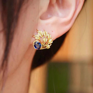 Eleganti Orecchini a Perno con Piume e Foglie per Donne, Design Ovale Blu, Accessori per Orecchie - Product Image 3