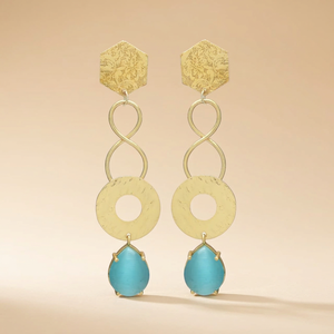 Nouvelles boucles d'oreilles pendantes ethniques de créateur, plaquées or, avec pierres précieuses turquoise, faites à la main - Product Image 3