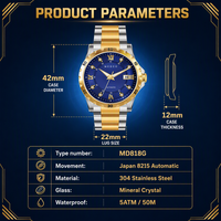 Montres pour hommes, étanches 5 bars, couronne à vis, mouvement japonais MIYOTA, montre mécanique, nouvelle version, montre-bracelet