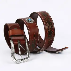 Cinturón de cuero de vaca auténtico para hombre y mujer, cinturón de lujo con estampado Floral occidental, vaquero