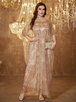 Robe de soirée élégante et chic pour femme grande taille, col montant, manches longues, patchwork de sequins, satin, coupe ample, maxi, couleur unie