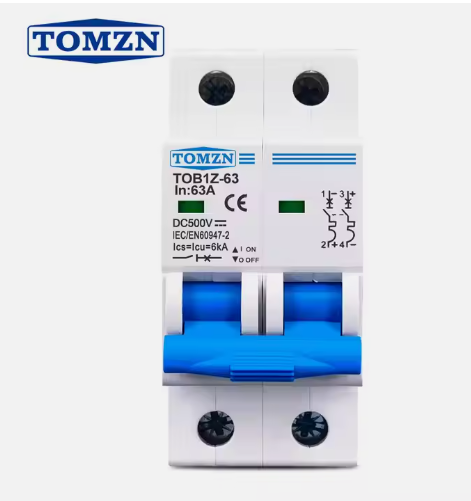 DC MCB 2P 500V 16A 20A 25A 32A 40A 50A 63A Mini Circuit Breaker for Inverter Solar PV System Tomzn TOB7Z-63