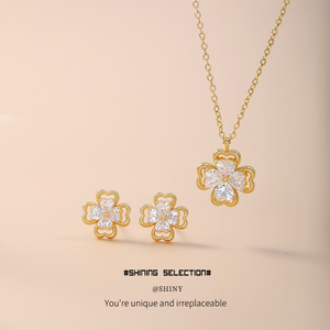 Conjunto de Collar Trébol de Cuatro Hojas con Engaste de Aleación de Cobre e Incrustaciones de Zirconia, Joyería Femenina para Uso Diario - Product Image 5