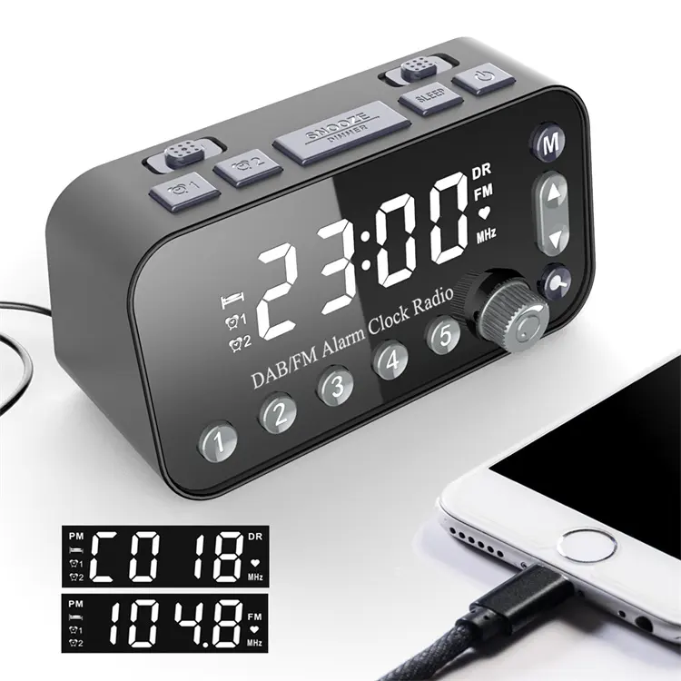 Relógio Digital LED Grande Exibição Despertador de Cabeceira Rádio DAB/FM com Temporizador De Sono Rádio Relógio