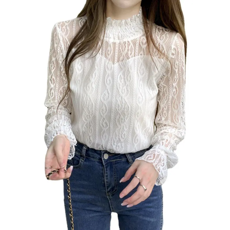 Вышитая кружевная блузка летняя повседневная женская рубашка с длинным рукавом 2023 модная Элегантная блузка с круглым вырезом топы