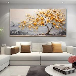 Cuadro de arte moderno con marco de lienzo, pintura al óleo sobre yeso acrílico con árbol dorado texturizado grande para pared sobre la cama, para el hogar y la galería - Product Image 4