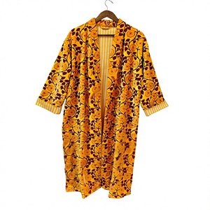 Floral Printed Long Kimono Robe With Collar Three Quarter Sleeve Yellow Polyester Wrap Style Spring Wear - Product Image 1