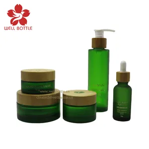 Natural Matte Green Cosmetic Packaging container 30g 50g 100g Frosted Green Glass Cream Jar Lotion Bottle round dropper bottle E