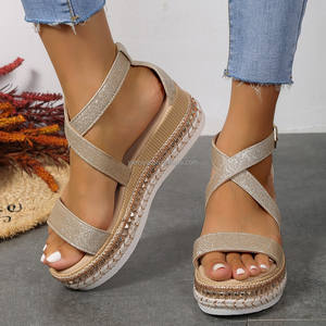 FC-069新款时尚2024女士坡跟凉鞋批发平台稻草鞋底露趾闪光金银皮革凉鞋 - Product Image 6