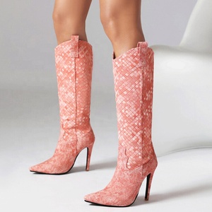 Retro Large Size 47 Women's Knee-high Thin Heel Knight Boots Pointed Toe on Denim Fabric Booties Wide Fit <b>Shoes</b> - Product Image 5