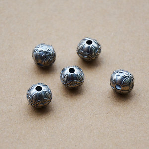 Antique Silver Beads Round <b>Spacer</b> Beads With Floral Design For Bracelet Making 37% Silver Plated Jewelry Findings - Product Image 1
