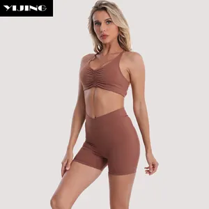 Manufacturers Recycled Fabric Crisscrossing Strap Yoga Bra V Crossover Waistband Gym Short Set Women Gym Sustainable Activewear